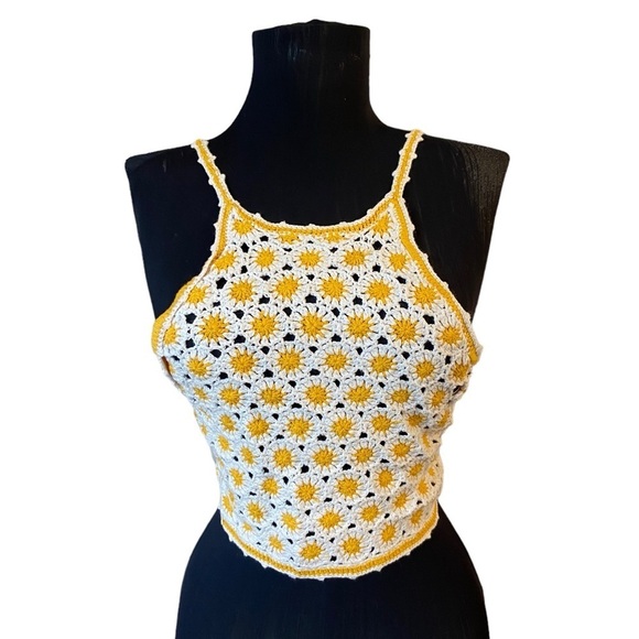 Forever 21 Yellow Sunflower Cropped Backless Knit Halter Top - Picture 2 of 10
